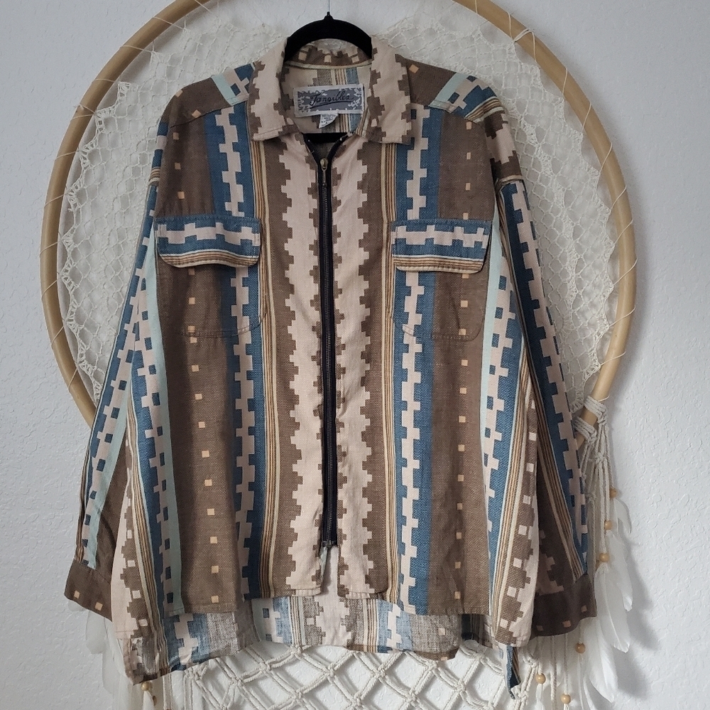 Vtg 90s Y2K Tangibles Full Zip Front Aztec Western Equestrian Shirt Shacket L